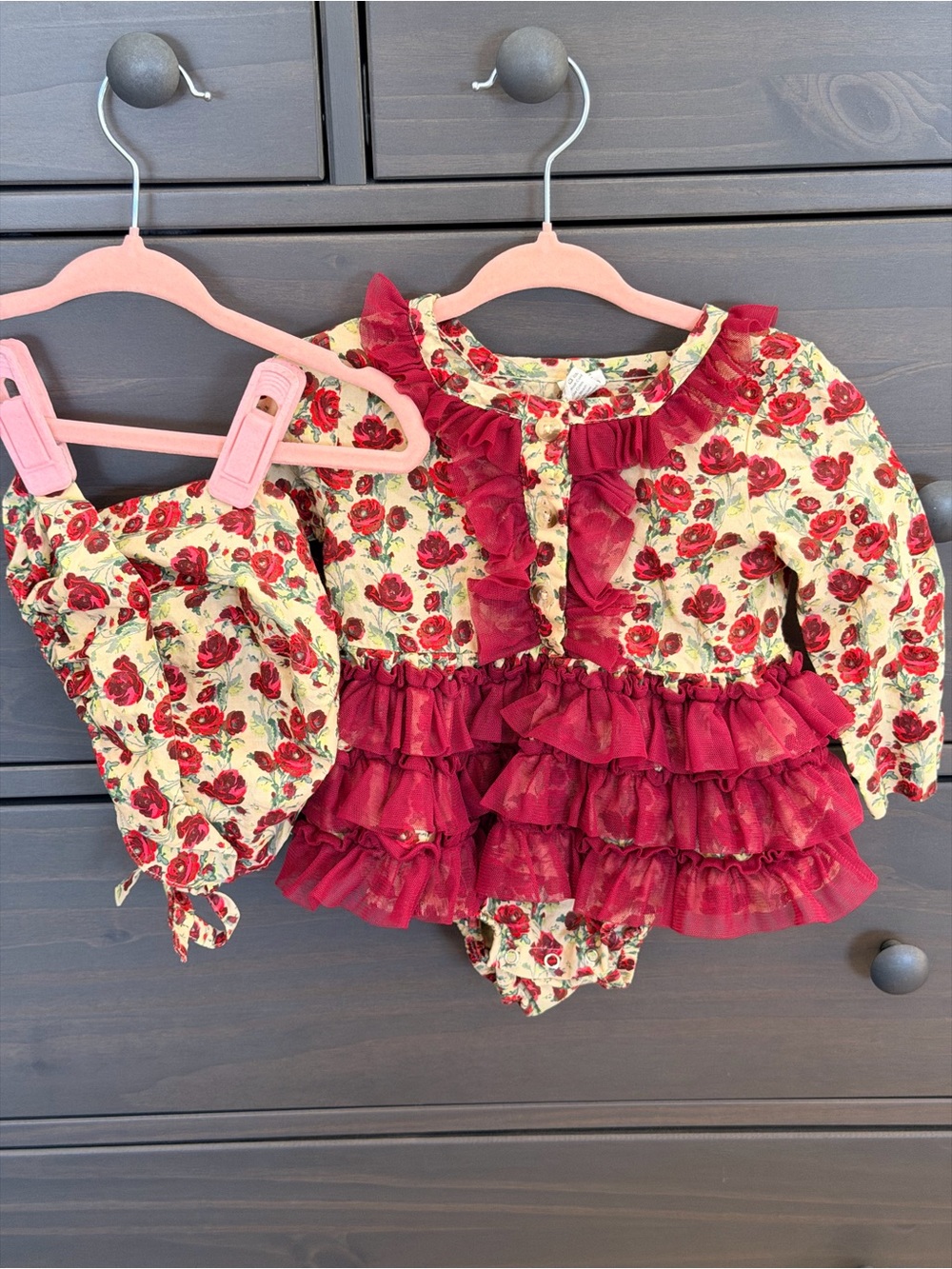 kate quinn Red Rose Floral Ruffle skirted bodysuit and bonnet